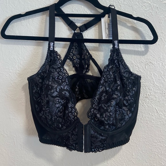 Lovely UK 34F (US 34G) black lace longline racerback front clip bra - Picture 1 of 4